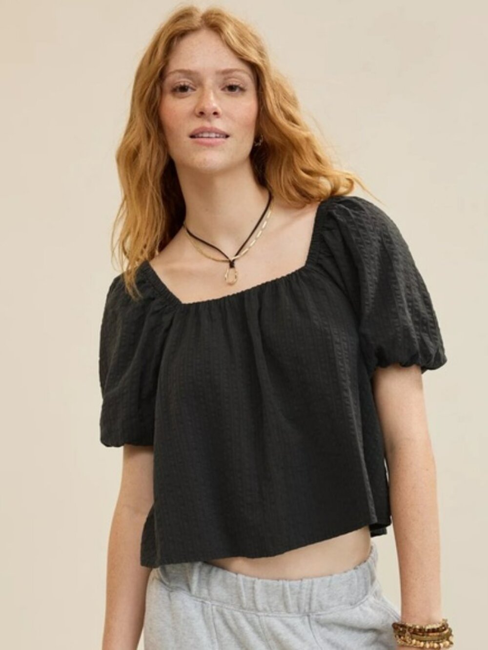 NWT Off the Shoulder Seersucker Puff Sleeve Aerie A Line Top Smoked Gray Large